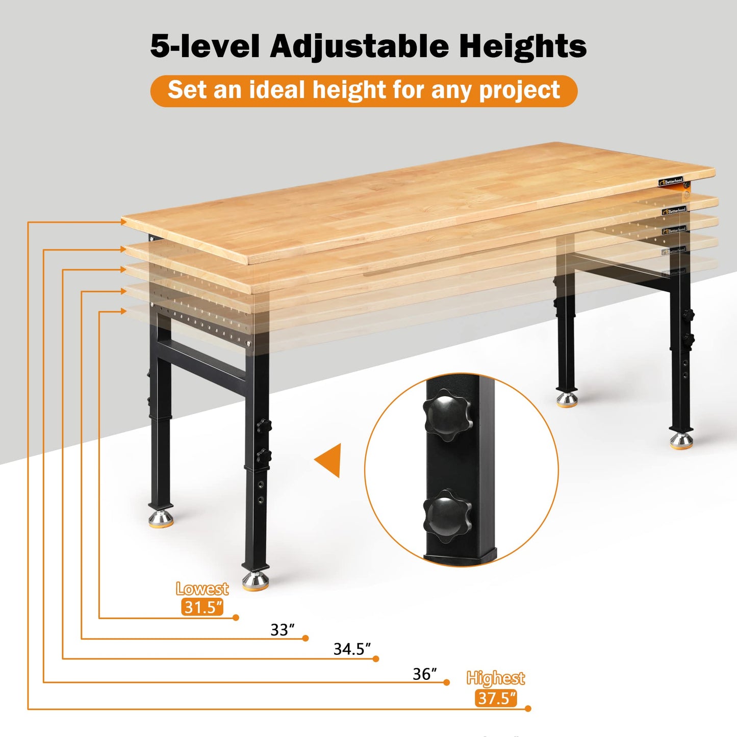 Betterhood 60" Heavy-Duty Adjustable Workbench for Garage, Rubber Wood Shop Table W/Double Pegboards & Drawer,Hardwood Workstation Weight Capacity - WoodArtSupply