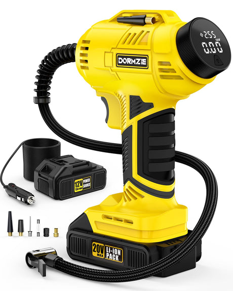 DORMZIE Cordless Tire Inflator Portable Air Compressor, 150 PSI Handheld Air Pump for Car Tires with 20V Rechargeable Battery, 12V Car Power Adapter, dormzie