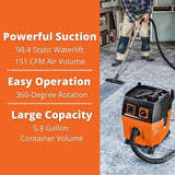 Fein Turbo I Wet/Dry Vacuum Cleaner with Dust Extractor - 5.8 Gallon, 151 CFM Suction Capacity, 98 PSI Static Water Lift - 92035236090 Fein
