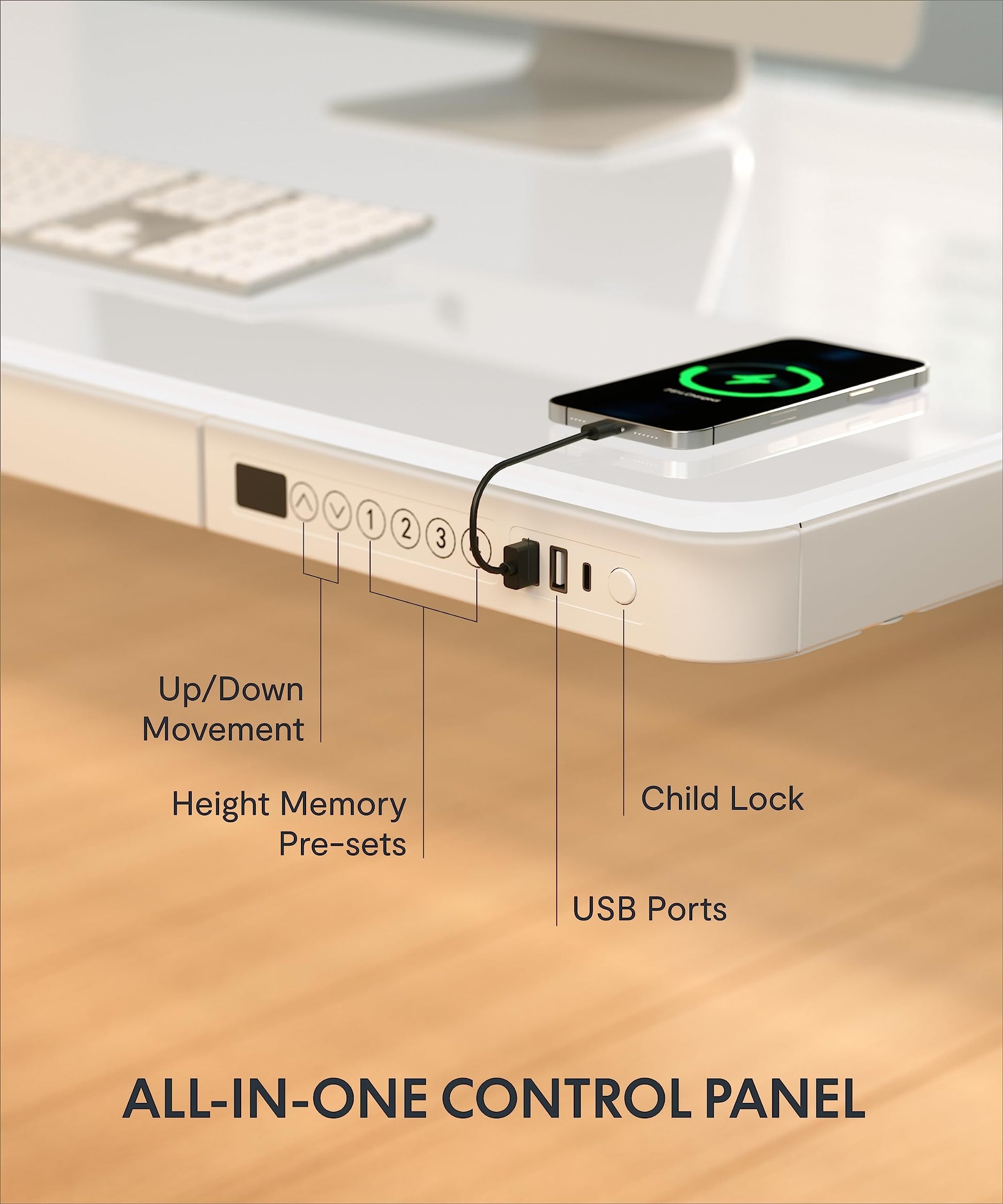 FLEXISPOT Electric Glass Standing Desk with Drawer Desktop & Adjustable Frame Quick Install w/USB Charge Ports, Child Lock (White, Glass) - WoodArtSupply