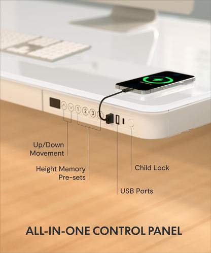 FLEXISPOT Electric Glass Standing Desk with Drawer Desktop & Adjustable Frame Quick Install w/USB Charge Ports, Child Lock (White, Glass) - WoodArtSupply