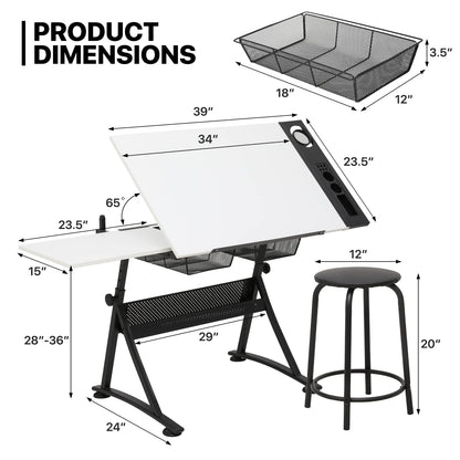 MoNiBloom Art Deco Drafting Table, Height-Adjustable, Tiltable Tabletop, Stool for Reading Writing Painting, Homeschooling Desk for Children with 2 - WoodArtSupply