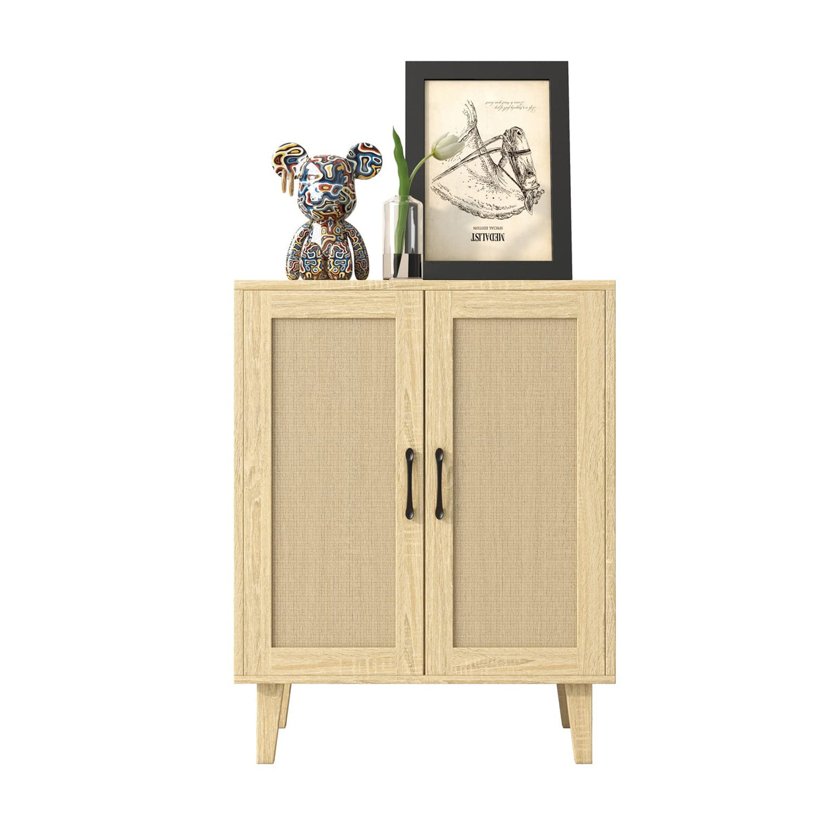 Panana Buffet Cabinet Sideboard with Rattan Decorated Doors Kitchen Storage Cupboard Accent Cabinet (Natural Wood) Panana