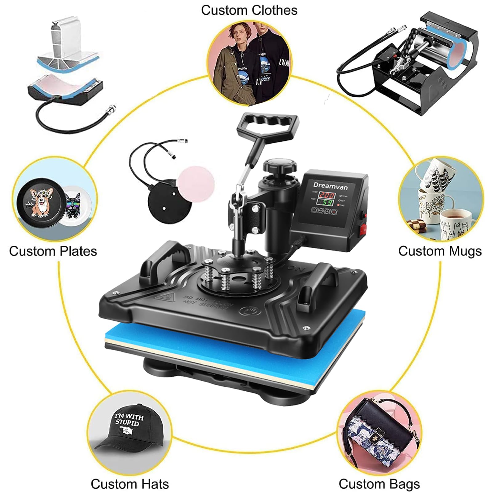 Heat Press 5 in 1 Combo, Upgraded Heat Press Machine 360-Degree Swing Away Digital Shirt Printing Multifunction Heat Press for Sublimation Heat Press - WoodArtSupply