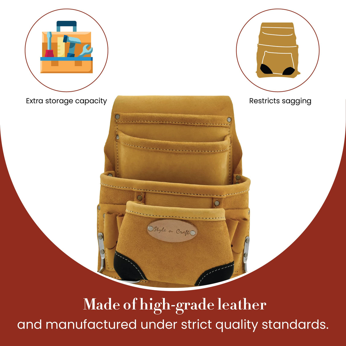 Style n Craft 10-Pocket Carpenter’s Nail & Tool Pouch, Heavy-Duty Leather Tool Pouch, Perfect and Durable Full-Grain Leather Pouch, Yellow with Black Style N Craft