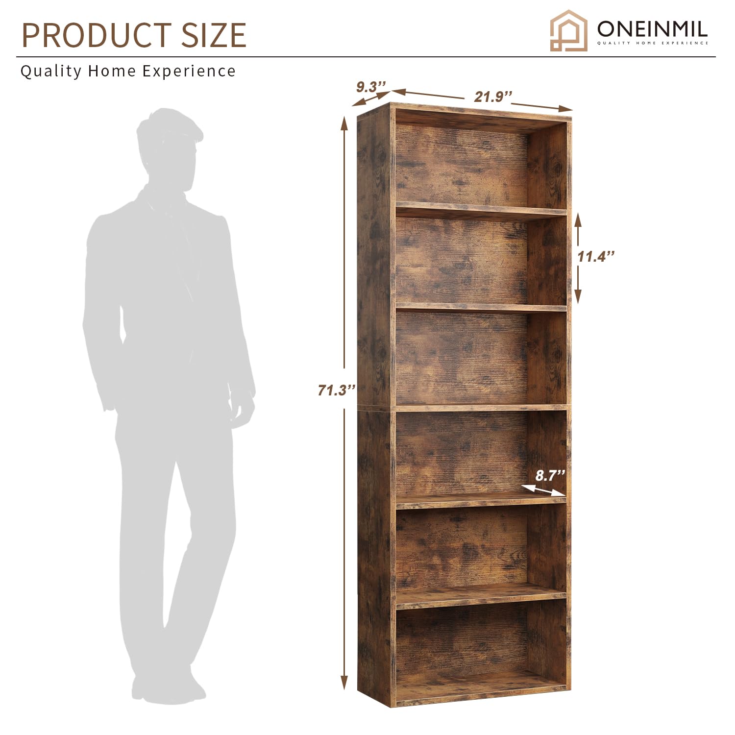 6-Tier Brown Wooden Bookshelf with Cabinet Doors - Multi-Functional Storage for Home Office and Living Spaces oneinmil