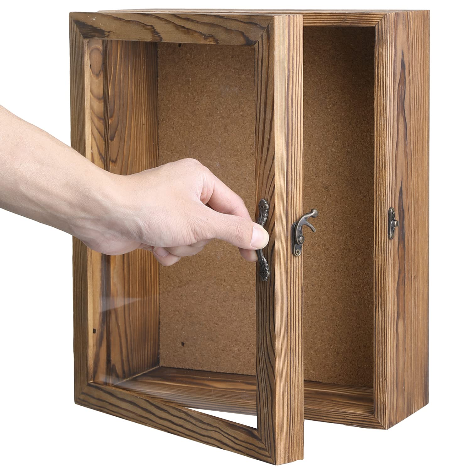 MyGift 11 x 14 Rustic Burnt Wood Wall Mounted Shadow Box Frame Cabinet with Clear Acrylic Paneled Cursive Hinged Door MyGift