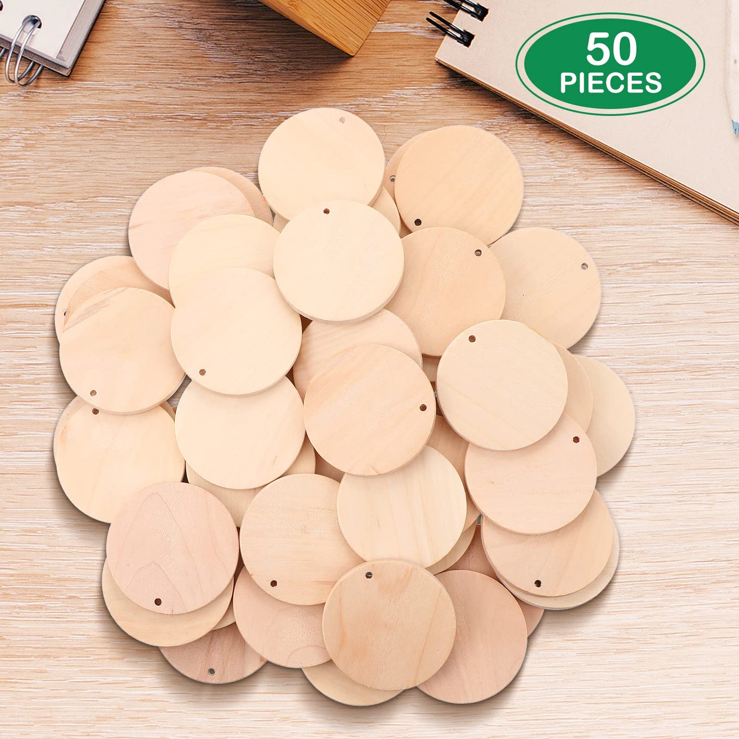 50 Pcs 2 Inch Wooden Circle Cutouts Blank Round Wood with Holes Round Wooden Ornaments Wooden Coins Unfinished Wood Round Disc Wooden Circle Chips