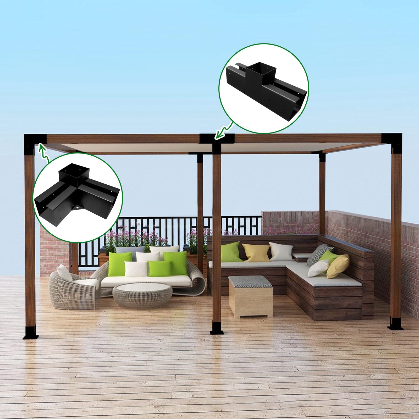 HomiShare 4"x 4" Pergola Brackets, 2Pcs Steel 3-Way Flat Angle Corner Bracket, Heavy Duty Black Powder Coated Pergola Kit for Gazebo 4"x 4" (Actual: - WoodArtSupply