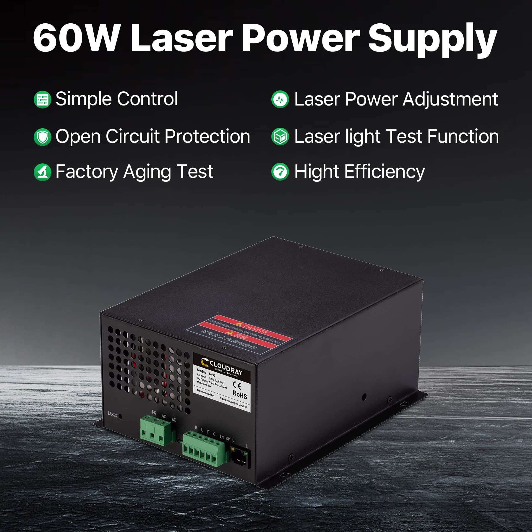 Cloudray 60W Co2 Laser Power Supply 110V for CO2 Laser Tubes Laser Engraver Cutter Engraving Machine MYJG-60W - WoodArtSupply