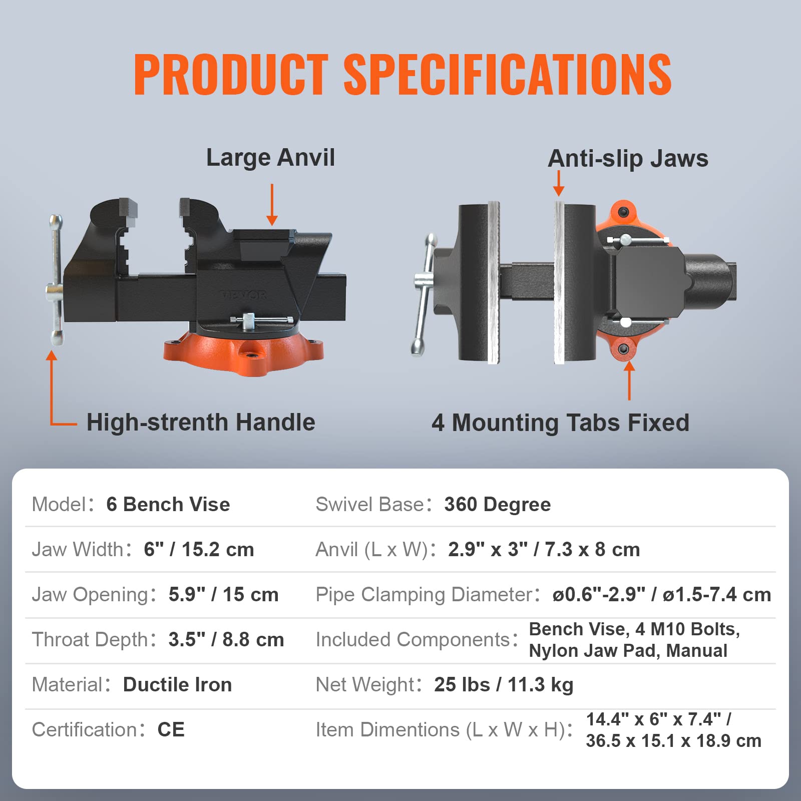 VEVOR Bench Vise, 6-inch Jaw Width 5.9-inch Jaw Opening, 360-Degree Swivel Locking Base Multipurpose Vise w/Anvil, Heavy Duty Ductile Iron Workbench - WoodArtSupply