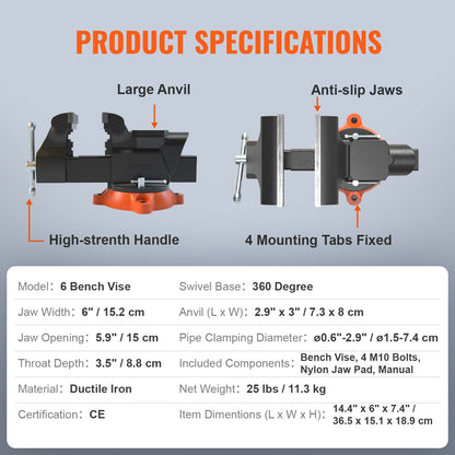 VEVOR Bench Vise, 6-inch Jaw Width 5.9-inch Jaw Opening, 360-Degree Swivel Locking Base Multipurpose Vise w/Anvil, Heavy Duty Ductile Iron Workbench - WoodArtSupply