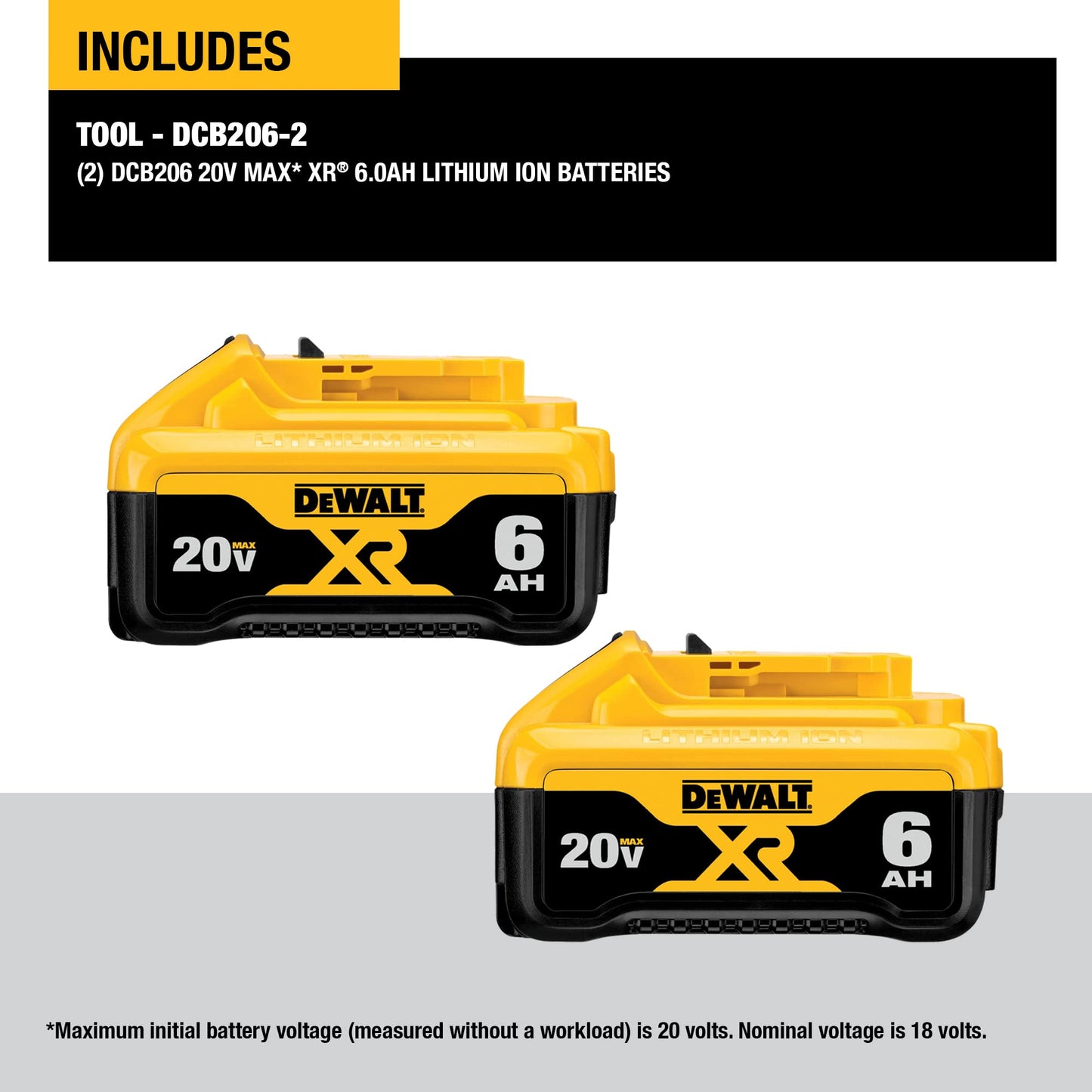 DEWALT 20V MAX Battery, 6 Ah, 2-Pack, Fully Charged in Under 90 Minutes (DCB206-2)