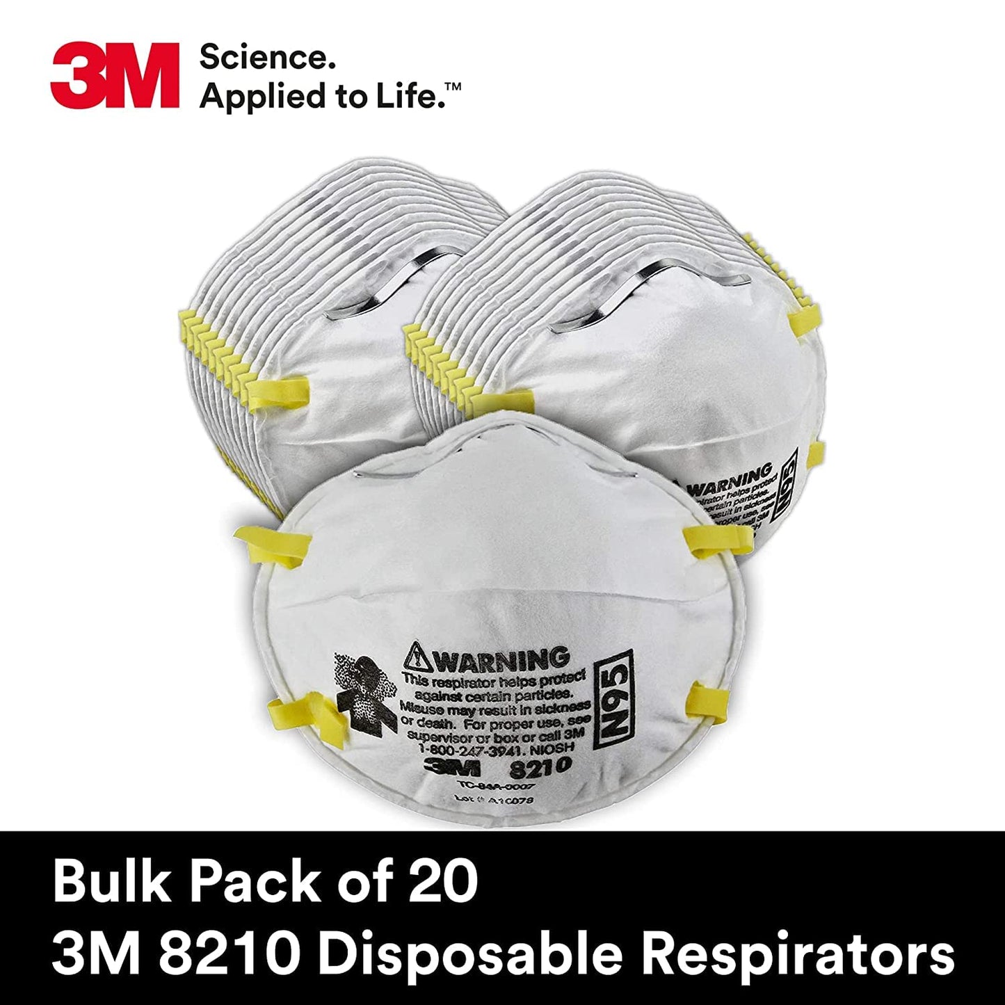 3M Personal Protective Equipment Particulate Respirator 8210, N95, Smoke, Dust, Grinding, Sanding, Sawing, Sweeping, 20 Count (Pack of 1)
