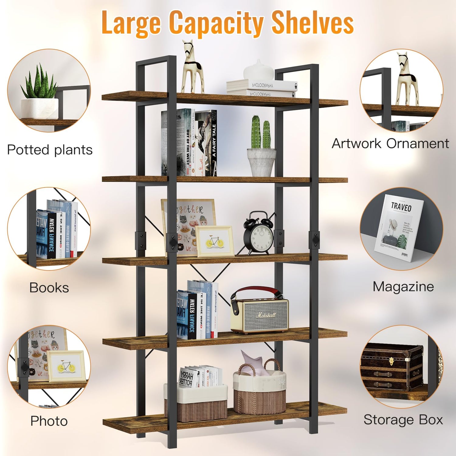 FRAPOW 70-Inch Rustic Brown 5-Tier Industrial Bookshelf with Metal Frame FRAPOW