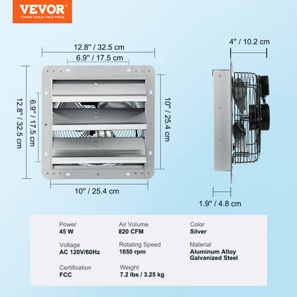 VEVOR 10'' Shutter Exhaust Fan, High-speed 820 CFM, Aluminum Wall Mount Attic Fan with AC-motor, Ventilation and Cooling for Greenhouses, Garages, - WoodArtSupply