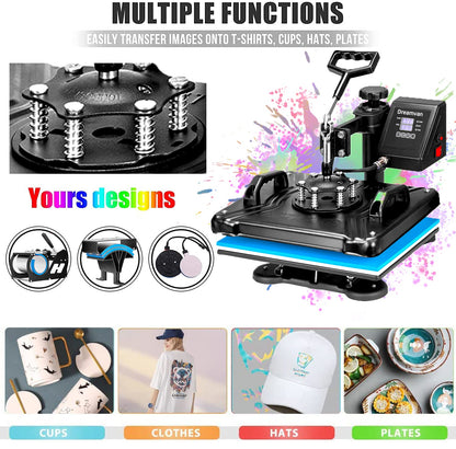 WHUBEFY Heat Press,5 in 1 Multifunctional Tshirt Printing Machine 15"x12" Digital Industrial Heat Transfer Machine,Swing Away Sublimation Heat Press