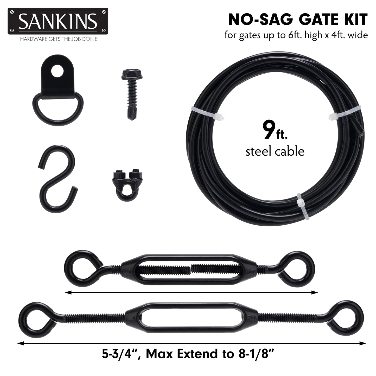 SANKINS Anti-Sag Gate Kits for Wooden Fence, Black Anti-Sagging Gate Support Cable Kit Hardware, Gate Sag Frame Kit Hardware for Wooden Fence, Wood