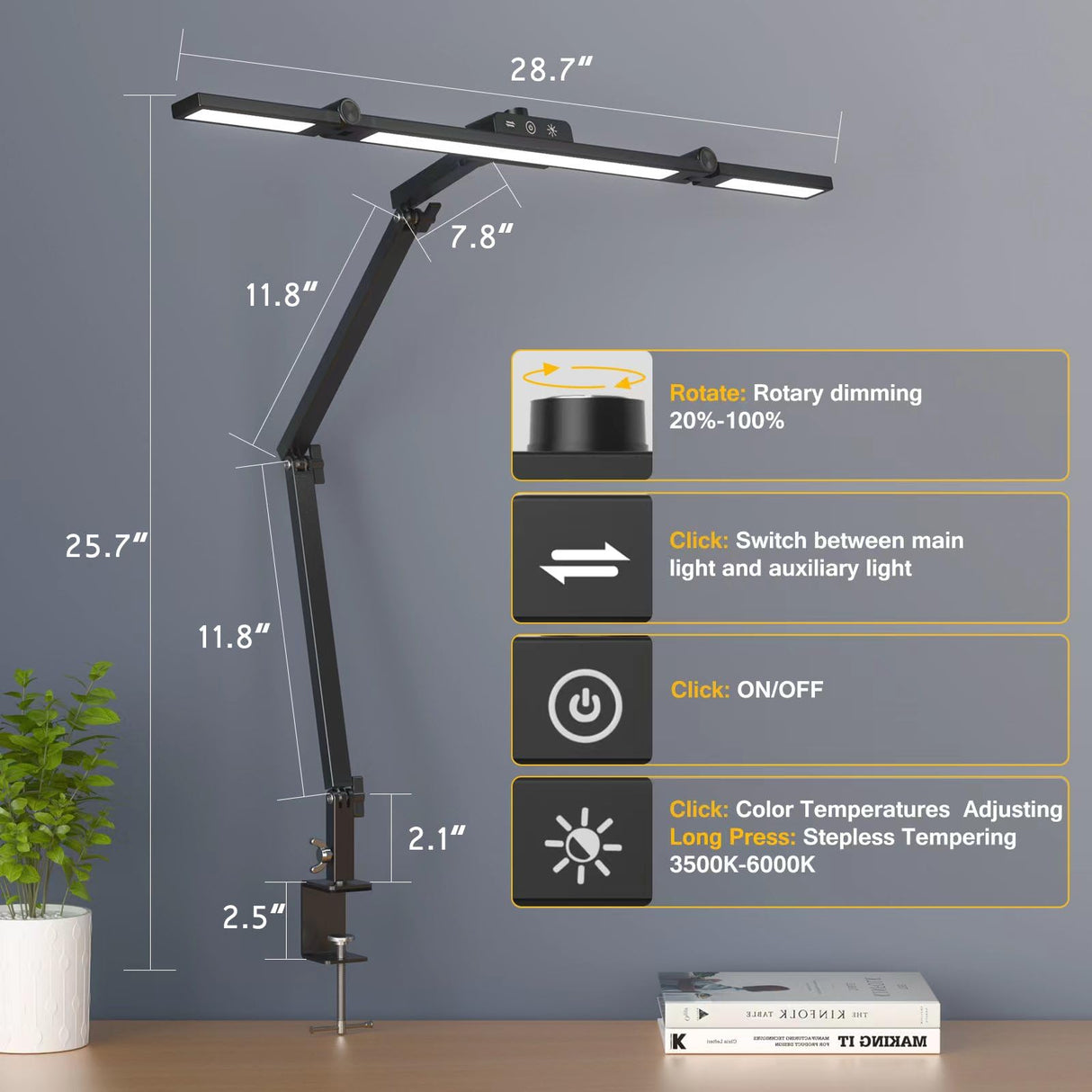 Marbosa Led Desk Lamp for Office Home, Architect Desk Lamp with Clamp, Ultra Bright Dimmable Table Light, Stepless Dimming and Tempering Desk Light Marbosa