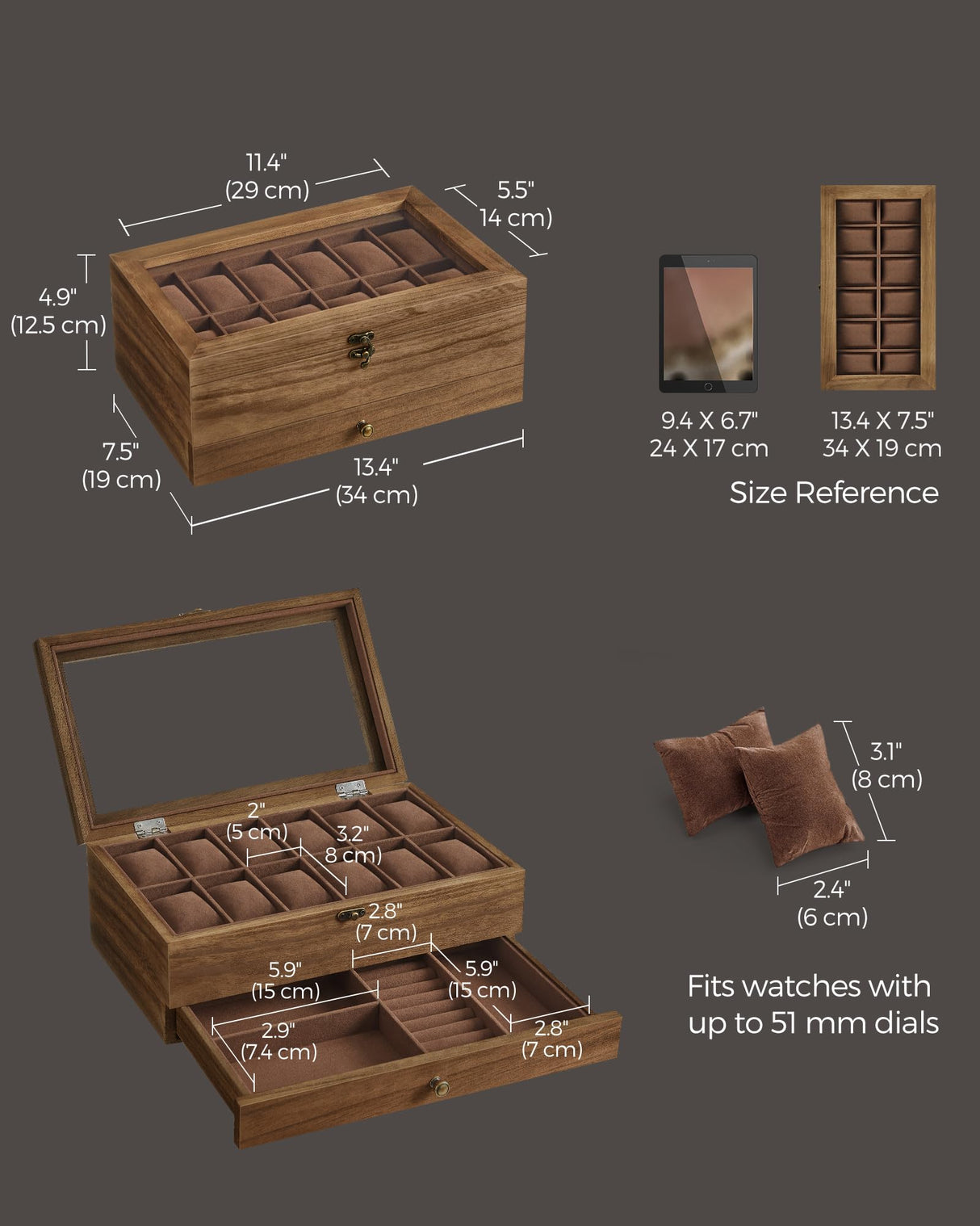 SONGMICS 12-Slot Watch Box, 2-Tier Watch Display Case with Large Glass Lid, Removable Watch Pillows, Velvet Lining, Jewelry Box, Gift Idea, Rustic SONGMICS