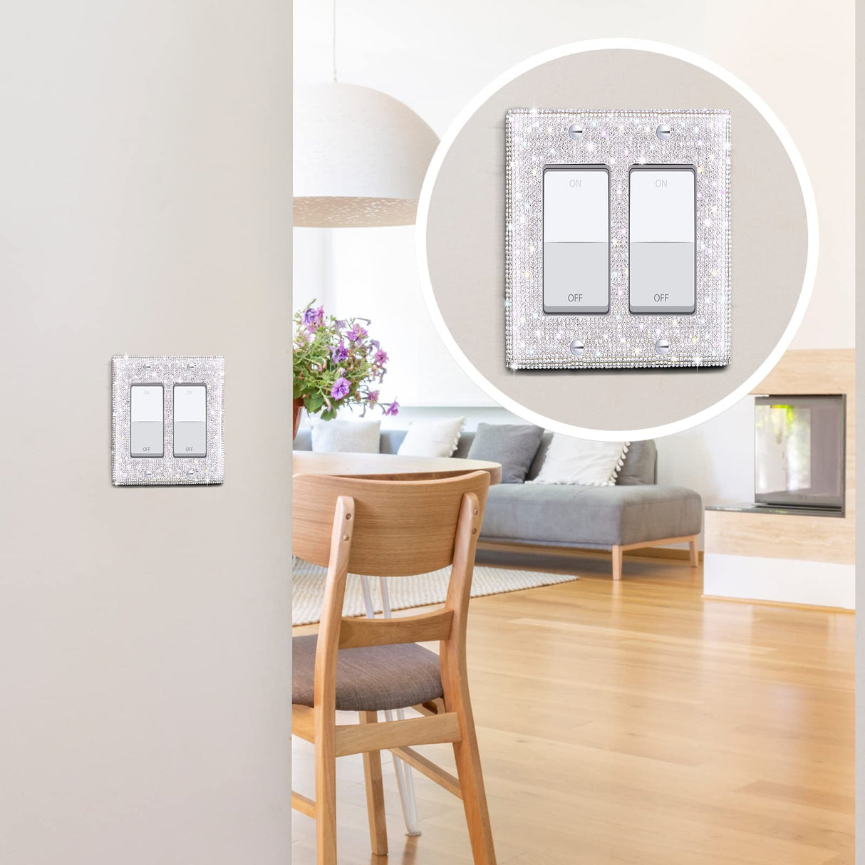 Bling Rhinestones Wall Plate Cover 2 Pcs Crystal Light Switch Cover Single 2 Gang Outlet Covers Shiny Faux Diamond Switch Plate Covers Duplex Outlet Yookeer