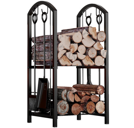 Fire Beauty Fireplace Firewood Log Rack 5-Piece Storage Logs Holder with Tools Set with 4 Tools Set Fireside Holders Wood Lumber Storage Stacking Fire Beauty