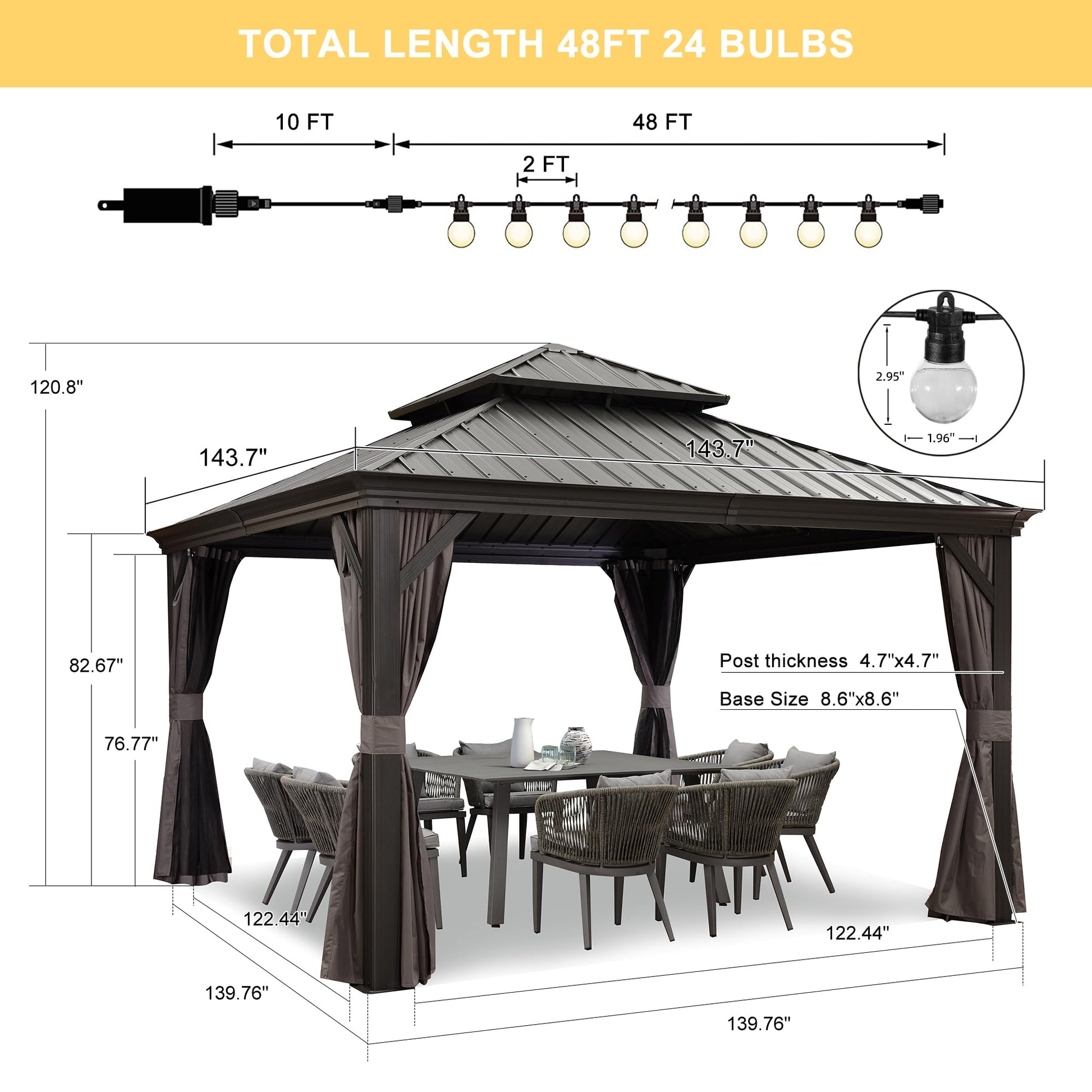 PURPLE LEAF 12' X 12' Outdoor Gazebo with Metal Roof Permanent Hardtop Gazebo with Light for Patio Lawn and Garden Grey - WoodArtSupply