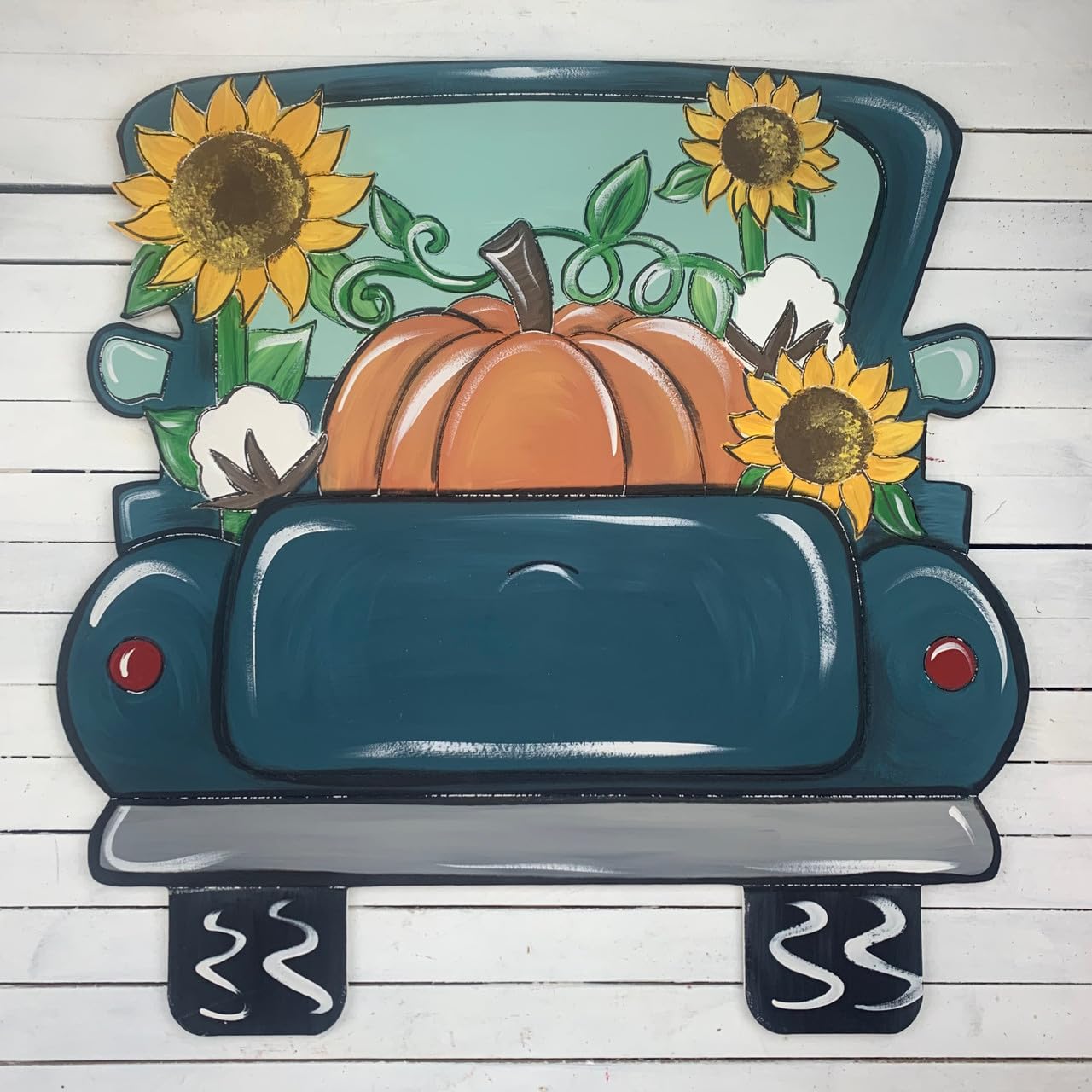 Fall Truck with Pumpkin, Sunflowers and Cotton, Fall Shape, Unfinished Wood Cutout, Paint by Line, Build-A-Cross - WoodArtSupply