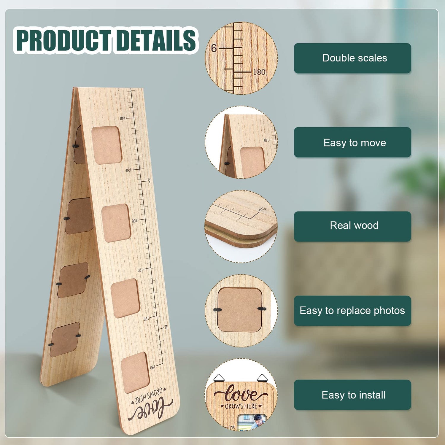 Wood Growth Chart for Kids with Picture Frames Boho Wooden Height Measurement Ruler Milestone Markers Foldable Height Chart for Kids Measuring Chart Chunful