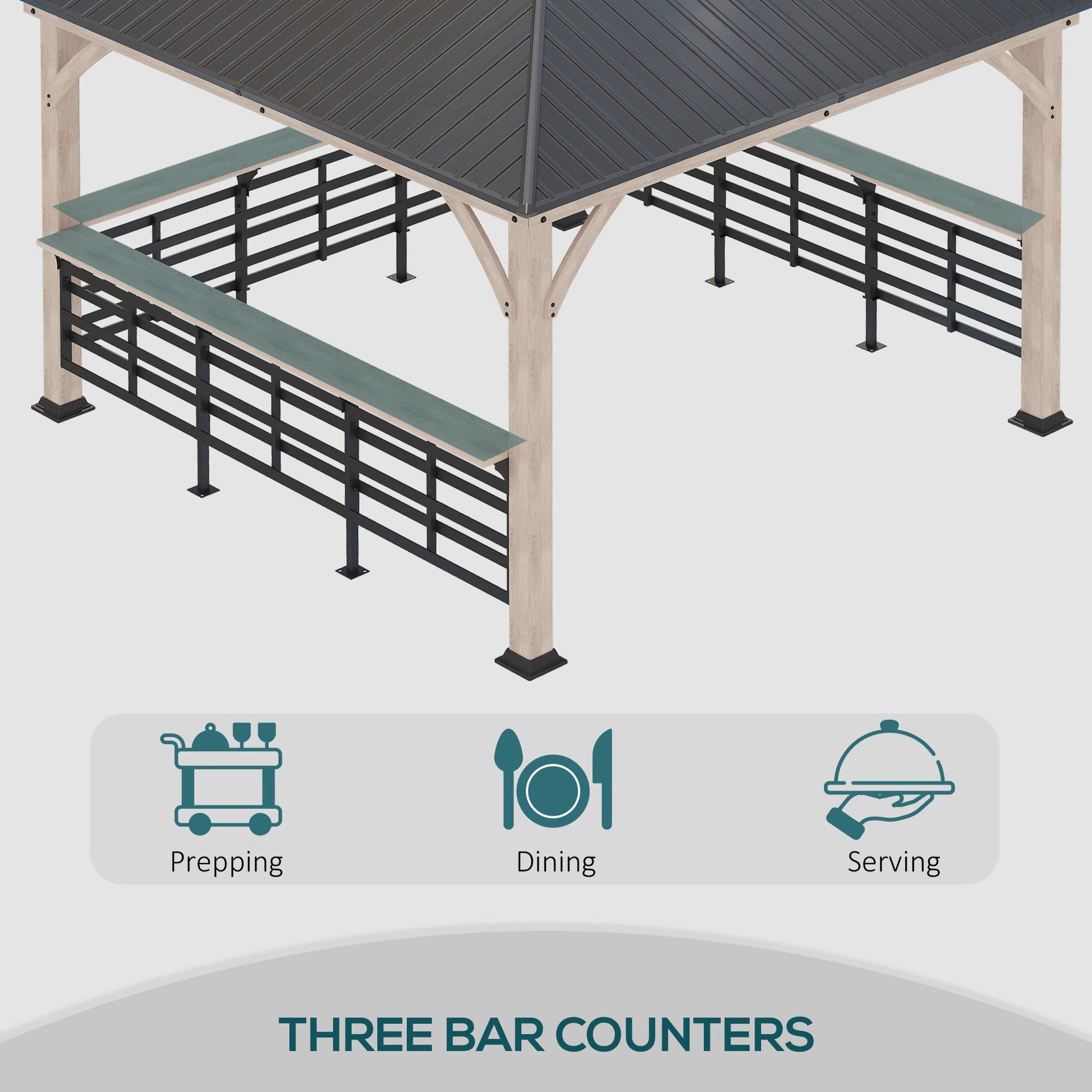 Outsunny 11' x 11' Hardtop Gazebo with Metal & Acrylic Combined Roof, Wood Frame, Permanent Pavilion Grill Gazebo with Bar Counters, Ceiling Hook, - WoodArtSupply