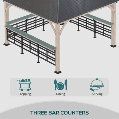 Outsunny 11' x 11' Hardtop Gazebo with Metal & Acrylic Combined Roof, Wood Frame, Permanent Pavilion Grill Gazebo with Bar Counters, Ceiling Hook, - WoodArtSupply