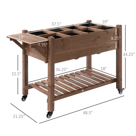 Outsunny Raised Garden Bed with 8 Grow Grids, Wooden Outdoor Plant Box Stand with Folding Side Table and Wheels, 49" x 21" x 34", for Vegetables, Outsunny