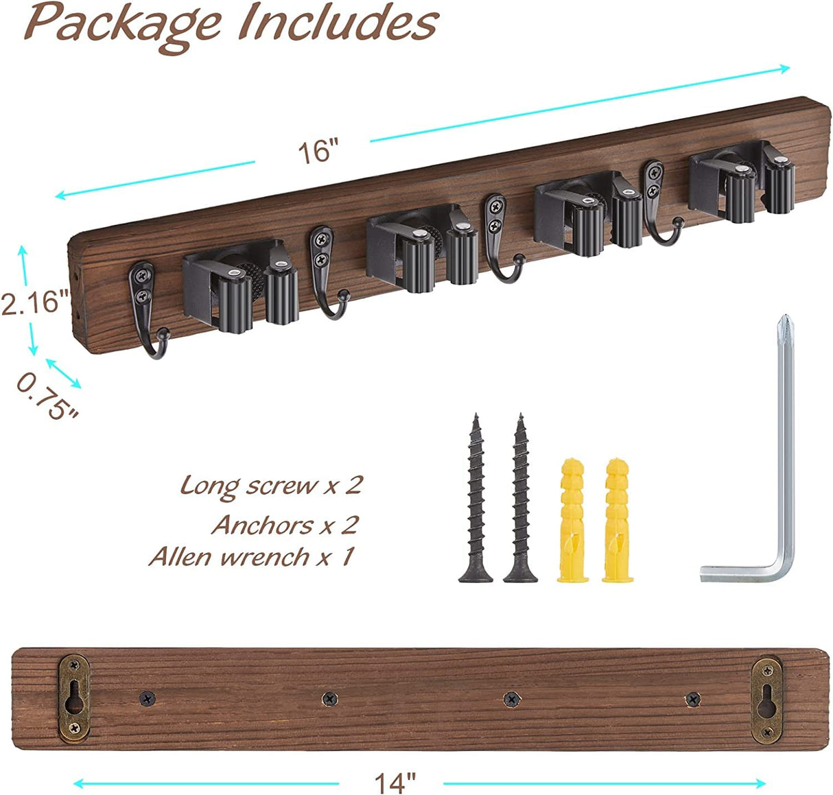 OUTNILI 2 Pack Mop Broom Holder Wall Mount - Rustic Wood Broom Mop Hanger - Wall Mounted Garden Tool Rack Organizer for Closet Garage Laundry Room OUTNILI