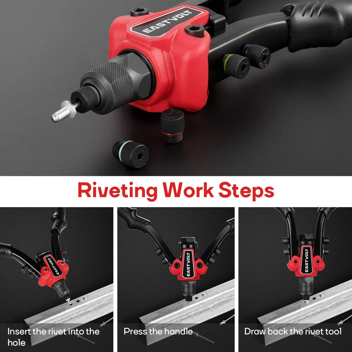 Eastvolt Rivet Nut Tool, 3 in 1 Hand Rivet, Rivet Gun Rivet Nut Tool Reamer 3 in 1 Set, Including 60Pcs Rivet Nuts, 6 Metric & SAE Mandrels and 2 Eastvolt