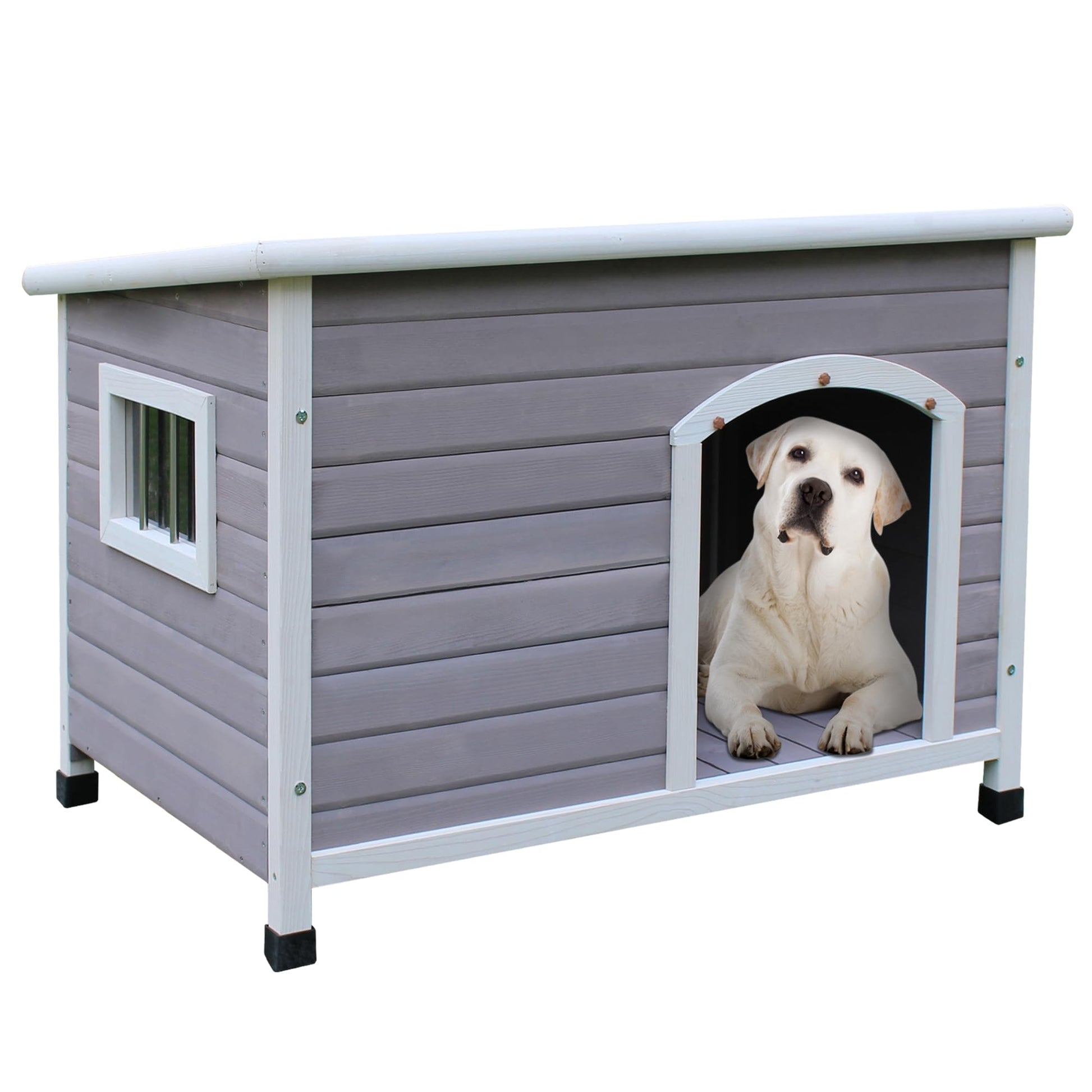 HiCaptain Small Outdoor Dog House, Waterproof Dog Home for Small Medium Dogs, Wooden Dog House with Elevated Floor and Removable Window - Grey S - WoodArtSupply