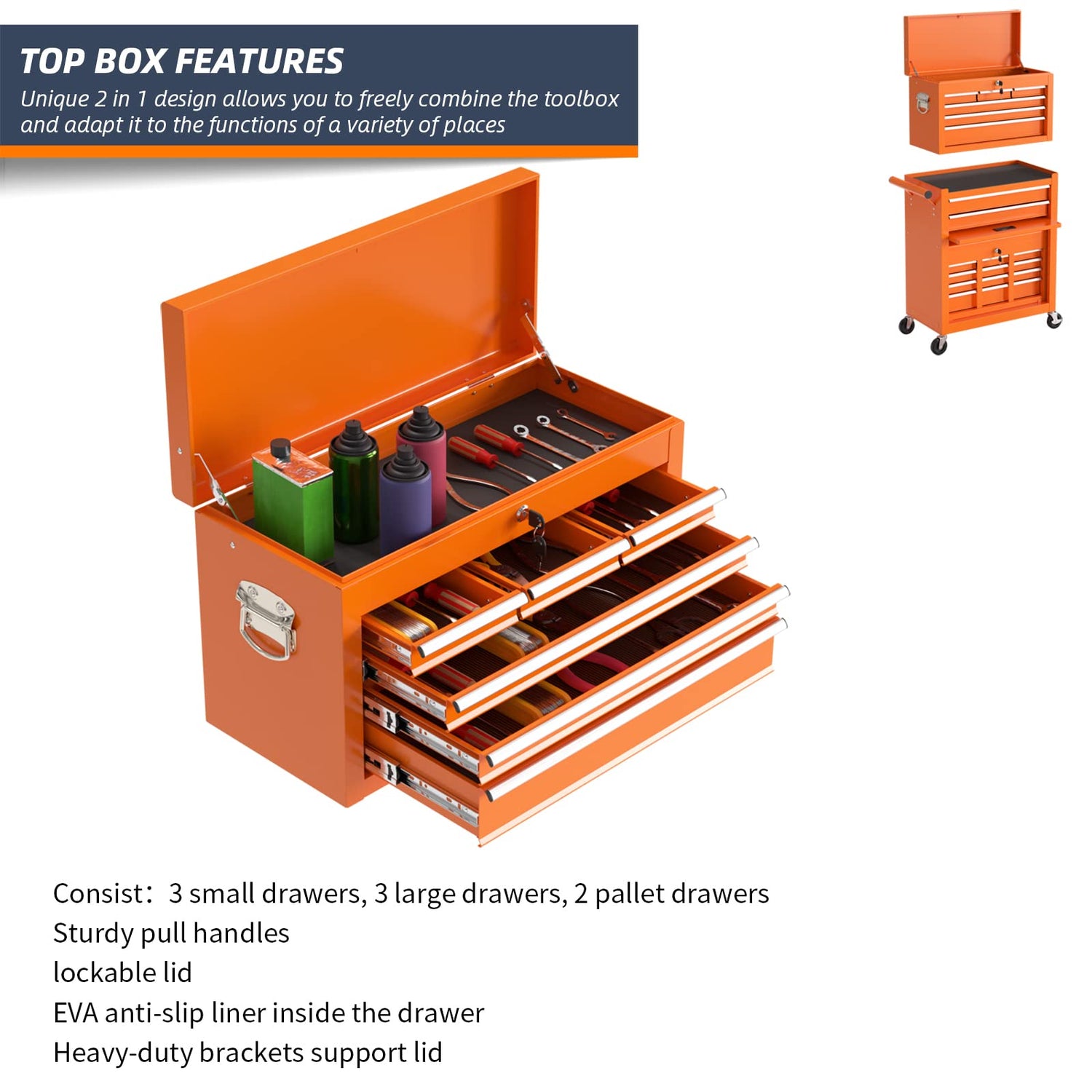 8-Drawer Rolling Tool Chest & Portable Tool Box with 2 Handles, Lockable Rolling Tool Box with 4 Hooks, Large Capacity Garage Storage Tool Cabinet SGmory