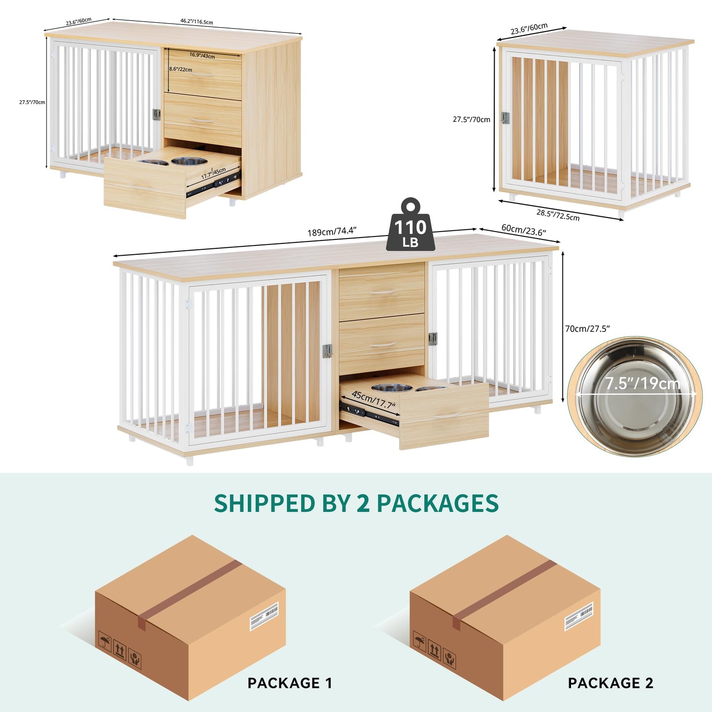 YITAHOME 74" Inch Dog Crate Furniture with Storage, Indoor Large Wooden Dog Kennel with Dog Feeders Bowls, 2-in-1 TV Stand, Side Table for 2 Large - WoodArtSupply