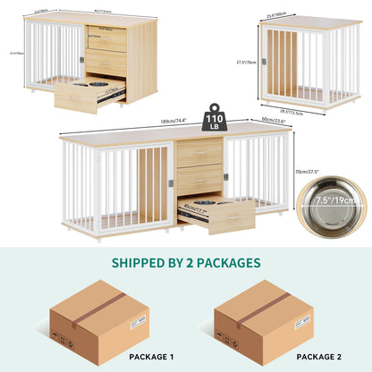 YITAHOME 74" Inch Dog Crate Furniture with Storage, Indoor Large Wooden Dog Kennel with Dog Feeders Bowls, 2-in-1 TV Stand, Side Table for 2 Large - WoodArtSupply