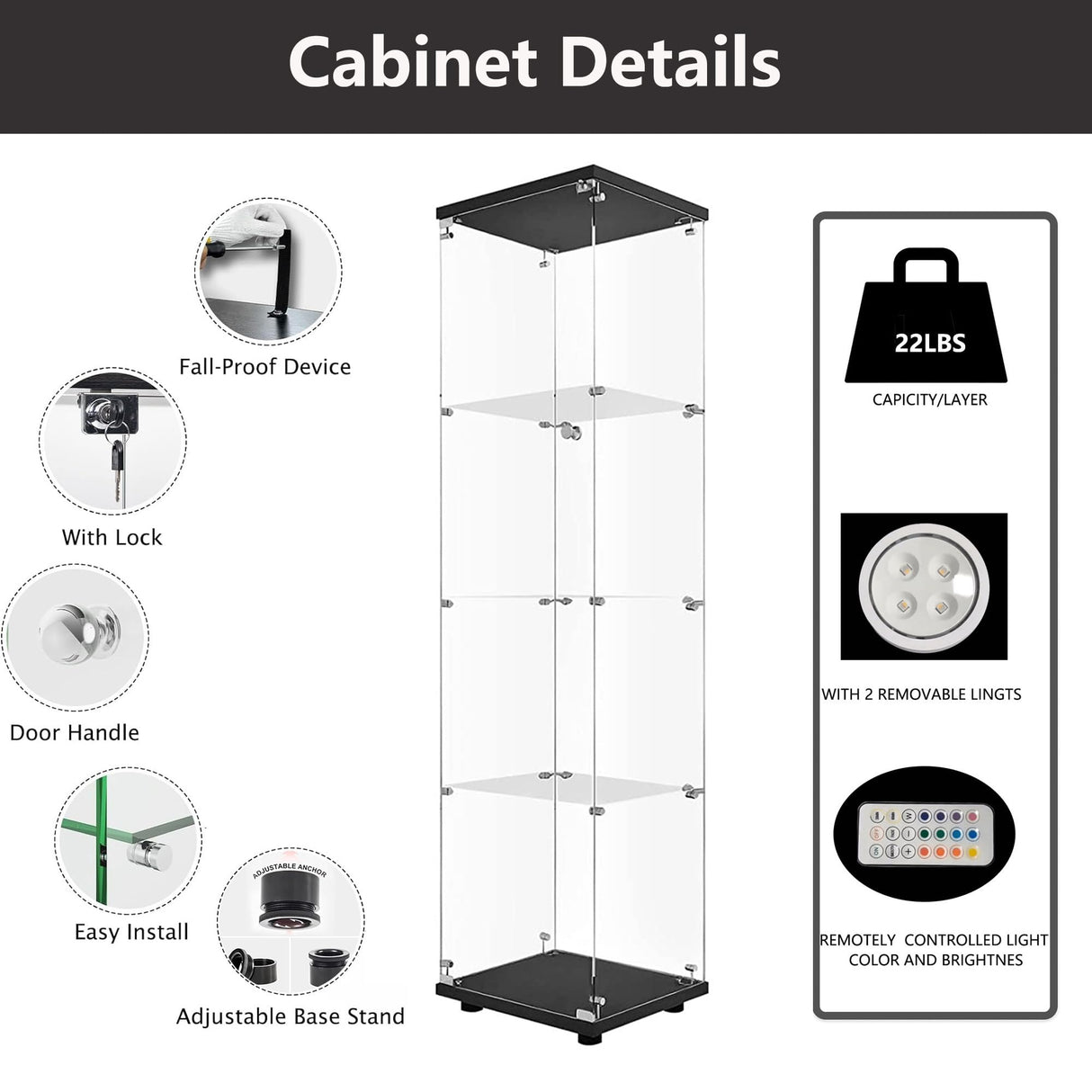 Zacis 4-Tier Lighted Glass Display Cabinet with Lock for Living Room and Bedroom Zacis