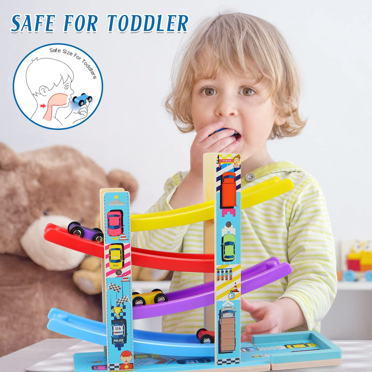 Montessori Toys for Toddlers, Children Race Track Toy with 4 Cars and 1 Wooden Parking Lot, Stable Base, Car Ramp Toy for 2 3 Year Old Boy Girl Gifts Heirio