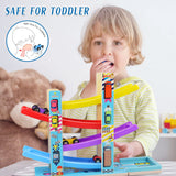 Montessori Toys for Toddlers, Children Race Track Toy with 4 Cars and 1 Wooden Parking Lot, Stable Base, Car Ramp Toy for 2 3 Year Old Boy Girl Gifts Heirio