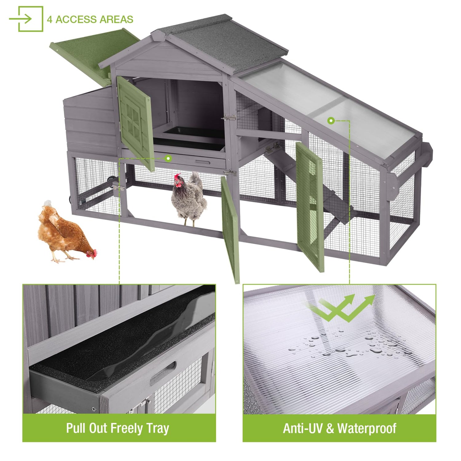 GUTINNEEN Chicken Coop Mobile Hen House Wooden with Run Poultry Cage with Nesting Box,Movable GUTINNEEN