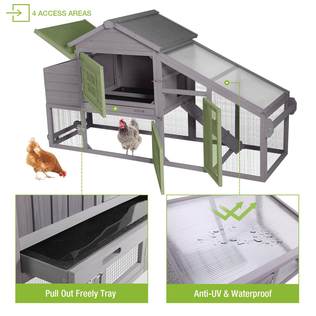 GUTINNEEN Chicken Coop Mobile Hen House Wooden with Run Poultry Cage with Nesting Box,Movable GUTINNEEN