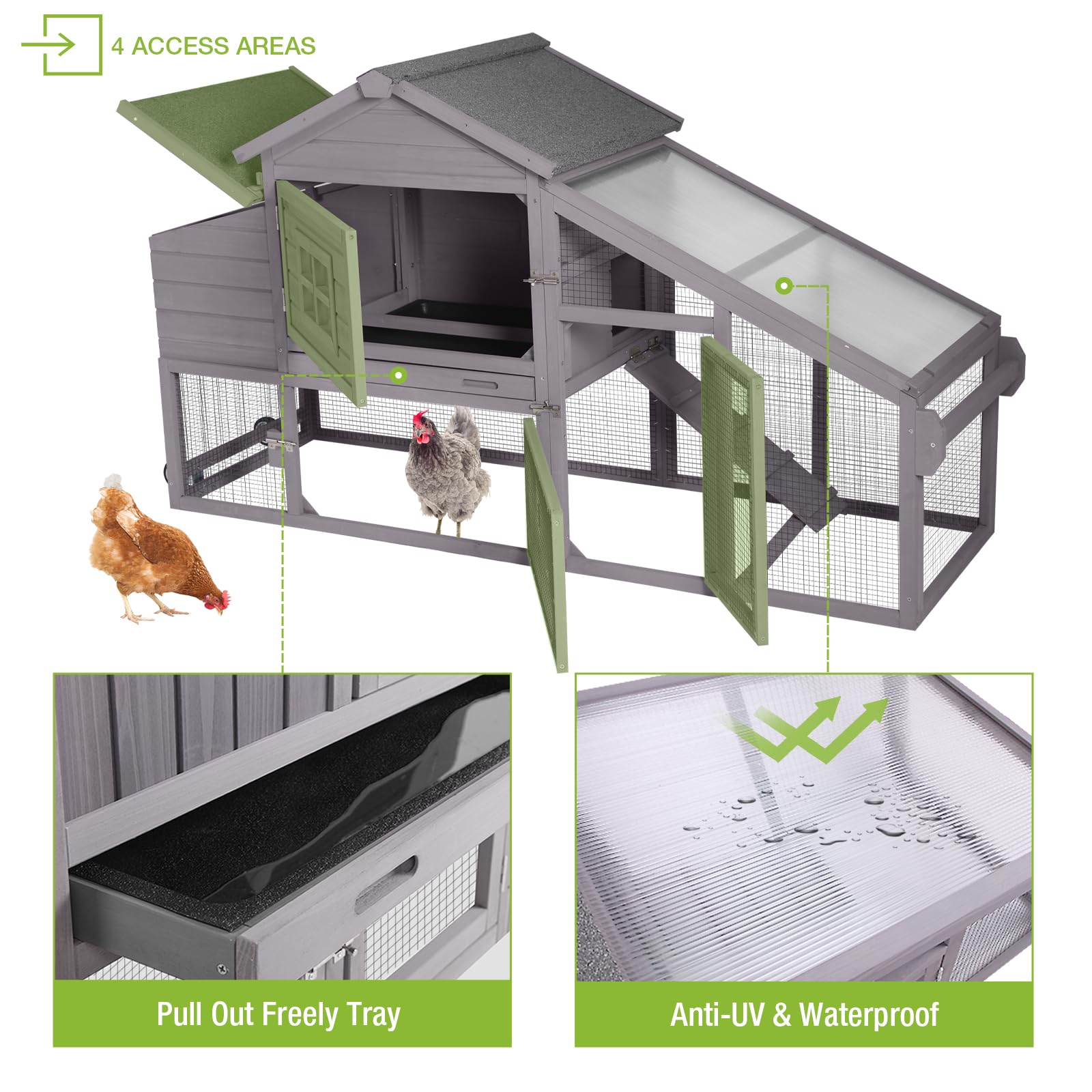 GUTINNEEN Chicken Coop Mobile Hen House Wooden with Run Poultry Cage with Nesting Box,Movable - WoodArtSupply