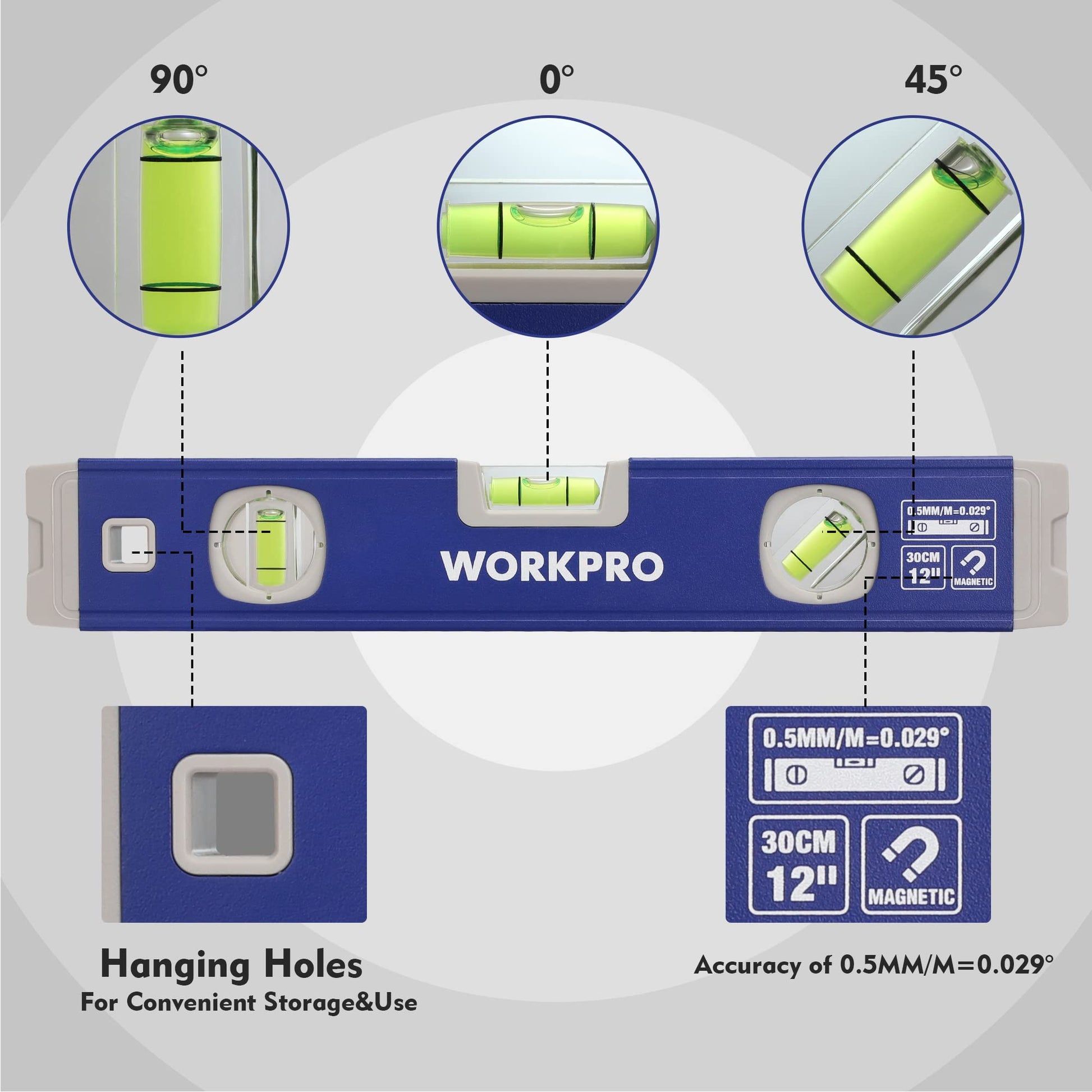 WORKPRO 3-Piece Spirit Level Set (12", 20", 40"), Level Set with Magnetic Torpedo Level, 45°/90°/180°Bubbles Measuring, Open Top View Design, - WoodArtSupply