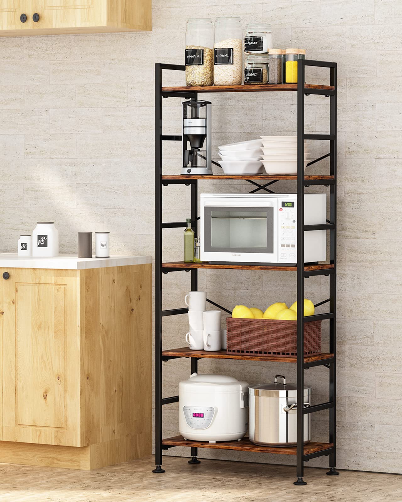 CosyStar Rustic Industrial 5-Tier Adjustable Bookcase with Metal Frame - WoodArtSupply