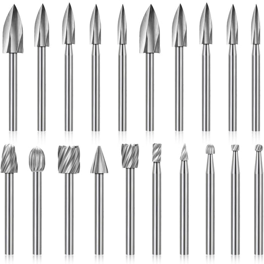 20 Pieces Wood Carving Drill Bit Set Includes HSS Engraving Drill Accessories Bit and HSS Carbide Wood Milling Burrs Universal Fitment for Rotary