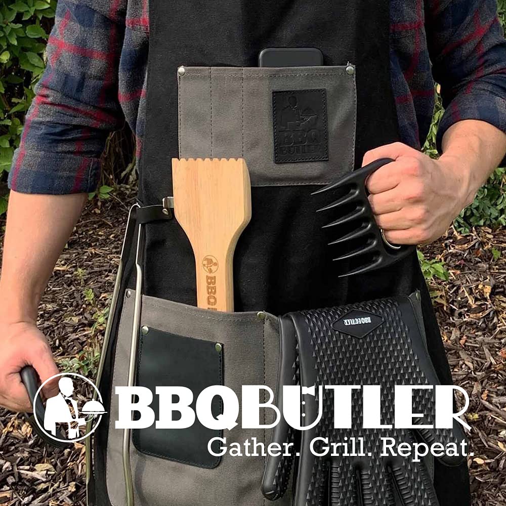 BBQ Butler BBQ Grill Apron - Durable Waxed Canvas - Mens Smoker Apron - Adult Unisex - Small to XXXL - Black/Grey - WoodArtSupply