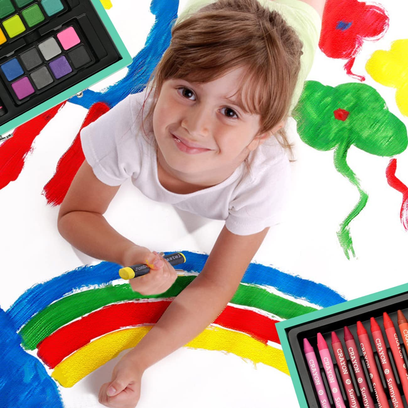 Sunnyglade 145 Piece Deluxe Art Set, Wooden Art Box & Drawing Kit with Crayons, Oil Pastels, Colored Pencils, Watercolor Cakes, Sketch Pencils, Paint Sunnyglade