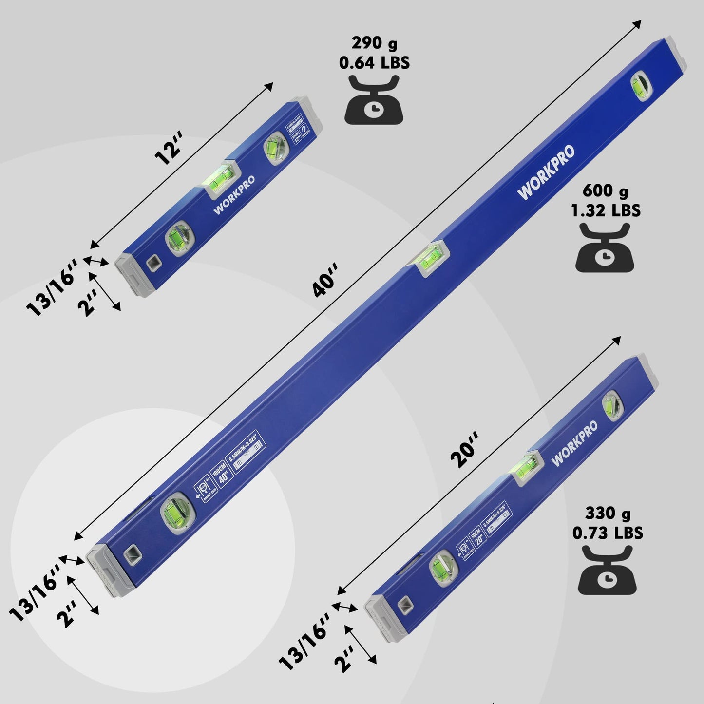 WORKPRO 3-Piece Spirit Level Set (12", 20", 40"), Level Set with Magnetic Torpedo Level, 45°/90°/180°Bubbles Measuring, Open Top View Design, - WoodArtSupply